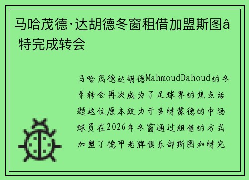 马哈茂德·达胡德冬窗租借加盟斯图加特完成转会