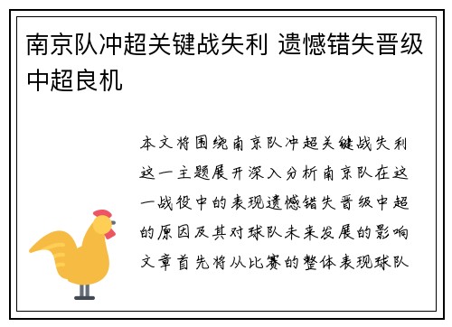 南京队冲超关键战失利 遗憾错失晋级中超良机